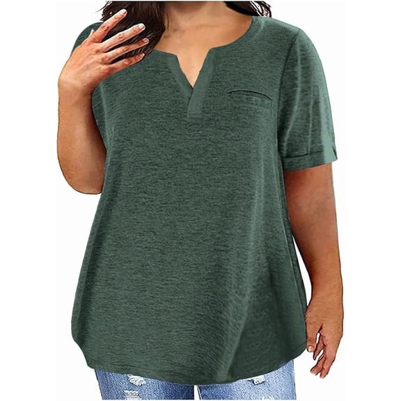 Women plus size Tops dressy Casual Summer Short Sleeve Plain Loose T Shirts V Neck Blouses Athletic Gym Top with Pockets Tunic Tee Ladies T-Shirts