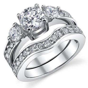 Sterling Silver 925 CZ Round Halo 3pc Engagement Ring Wedding Band Set Sterling Silver 925 CZ Round Halo 3pc Engagement Ring Wedding Band Set