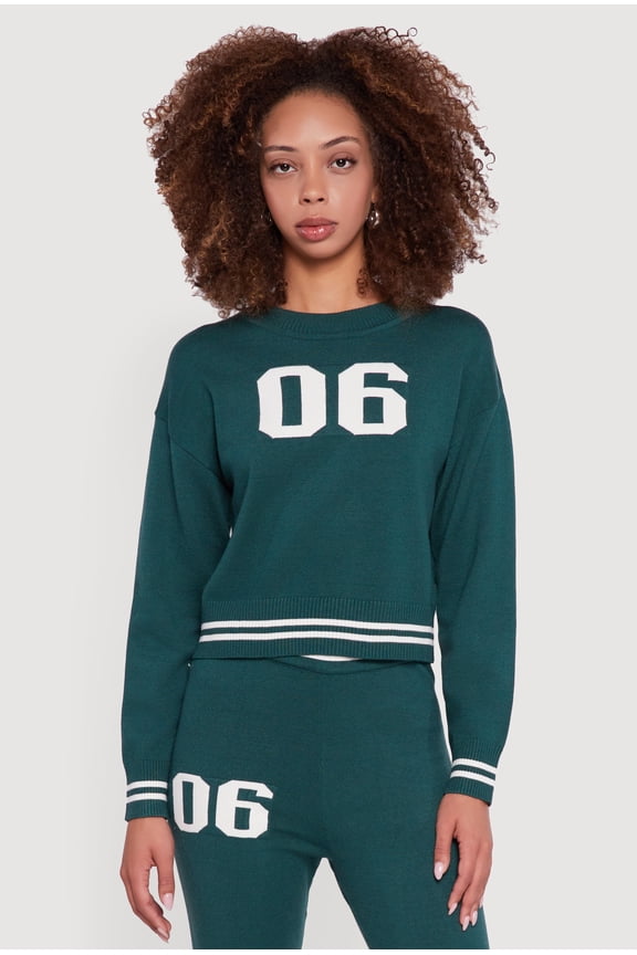 Women's 06 Graphic Varsity Stripe Long Sleeve Crew Neck Sweater