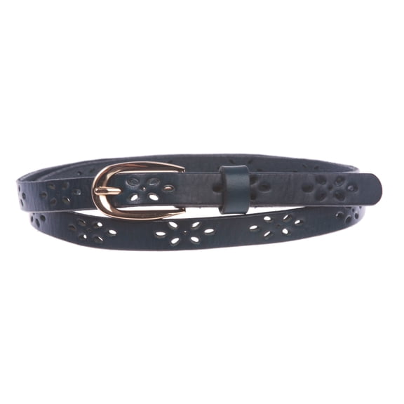 Women's 1/2" (12mm) Skinny Perforated Floral Hollow Out One Piece Cowhide Full Grain Leather Belt