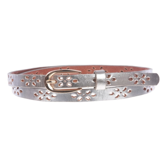 Women's 1/2" (12mm) Skinny Perforated Floral Hollow Out One Piece Cowhide Full Grain Leather Belt