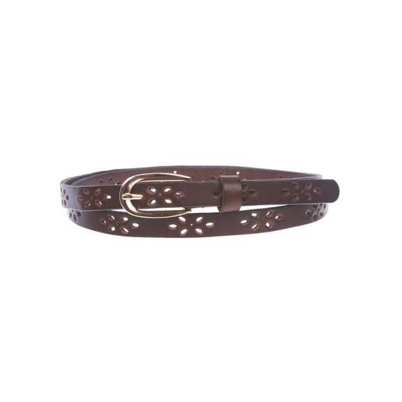 Women's 1/2" (12mm) Skinny Perforated Floral Hollow Out One Piece Cowhide Full Grain Leather Belt