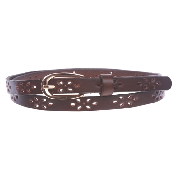 Women's 1/2" (12mm) Skinny Perforated Floral Hollow Out One Piece Cowhide Full Grain Leather Belt