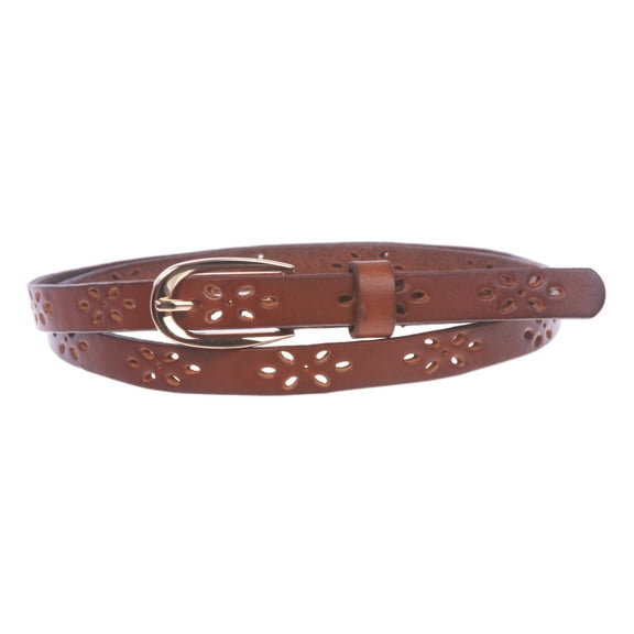 Women's 1/2" (12mm) Skinny Perforated Floral Hollow Out One Piece Cowhide Full Grain Leather Belt