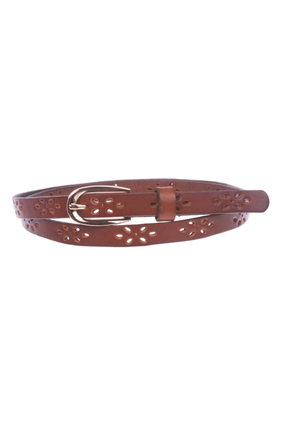 Women's 1/2" (12mm) Skinny Perforated Floral Hollow Out One Piece Cowhide Full Grain Leather Belt