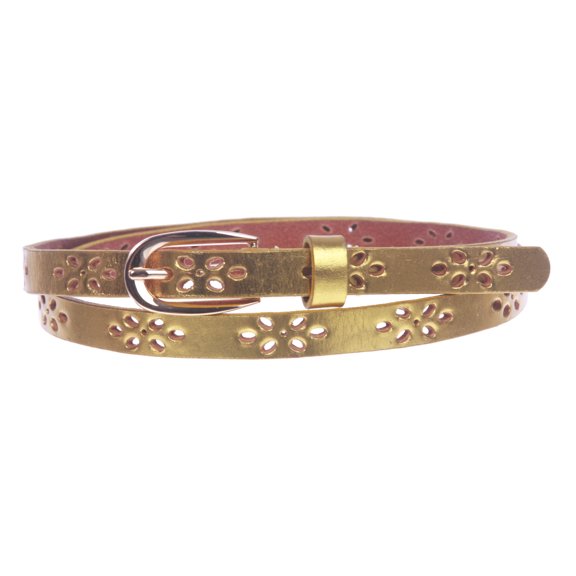 Women's 1/2" (12mm) Skinny Perforated Floral Hollow Out One Piece Cowhide Full Grain Leather Belt