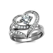 Womens 1.2 Ct Round Cut Cz 2 Piece Heart Shape Stainless Steel Wedding Ring Set