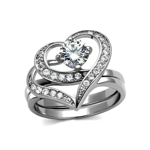 Women's 1.2 Ct Round Cut Cz 2 Piece Heart Shape Stainless Steel Wedding Ring Set