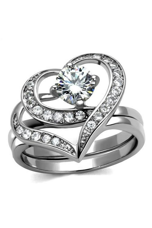 Women's 1.2 Ct Round Cut Cz 2 Piece Heart Shape Stainless Steel Wedding Ring Set