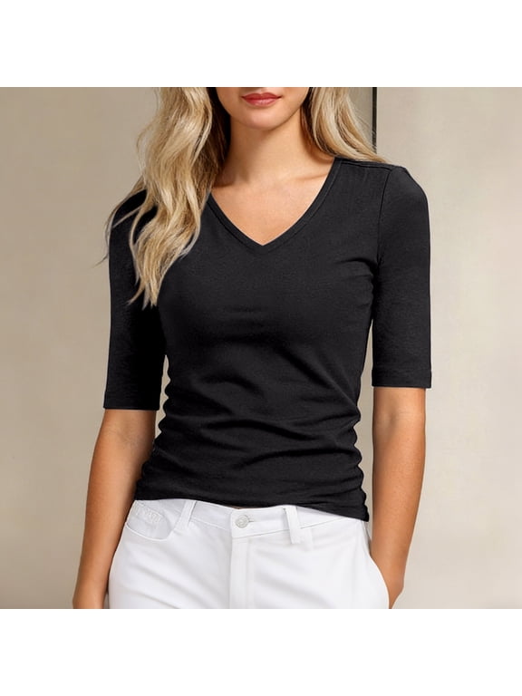 Women's 1/2 Sleeve Tops Half Length Sleeve Cotton V-Neck T Shirts Slim Fit Casual Elbow 2026 Summer Fashion Basic Tees Black L