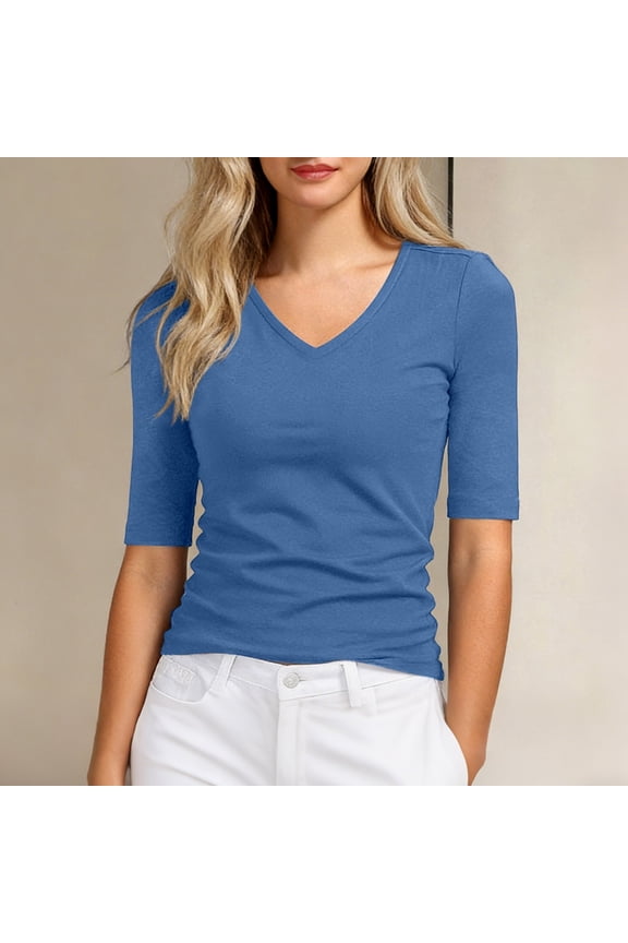 Women's 1/2 Sleeve Tops Half Length Sleeve Cotton V-Neck T Shirts Slim Fit Casual Elbow 2026 Summer Fashion Basic Tees Navy-1 L