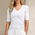 thumbnail image 1 of Women's 1/2 Sleeve Tops Half Length Sleeve Cotton V-Neck T Shirts Slim Fit Casual Elbow 2026 Summer Fashion Basic Tees White L, 1 of 1
