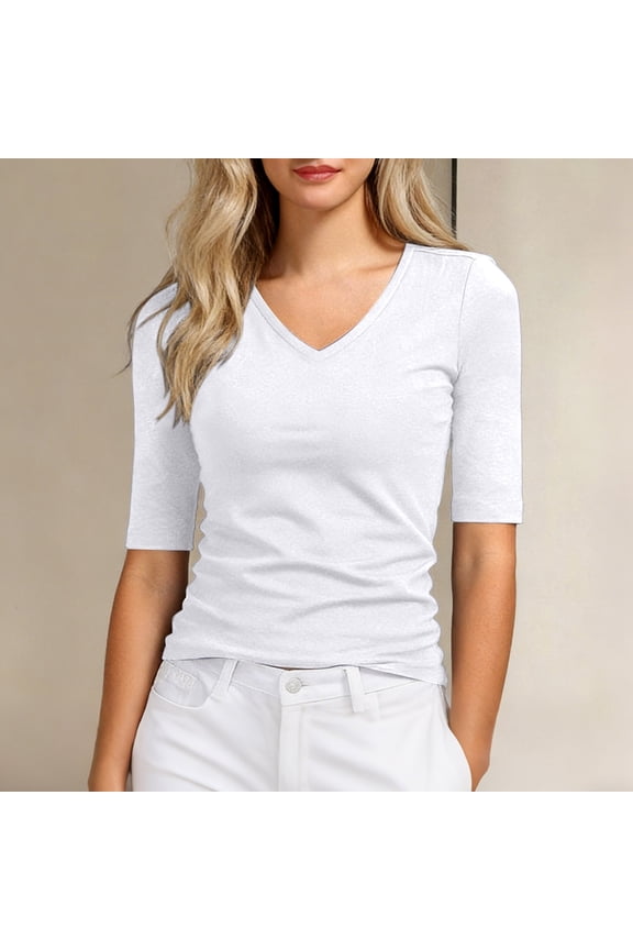 Women's 1/2 Sleeve Tops Half Length Sleeve Cotton V-Neck T Shirts Slim Fit Casual Elbow 2026 Summer Fashion Basic Tees White L