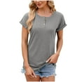 thumbnail image 1 of Women's 1/4 Button up Round Neck Blouse Y2K Tops Dressy Casual Short Sleeve Tunic Tops Loose Fit Flowy Summer Clothes for Teen Girls Fashion 2024 Vintage Button up Neck Solid Color Gray T Shirts S, 1 of 7