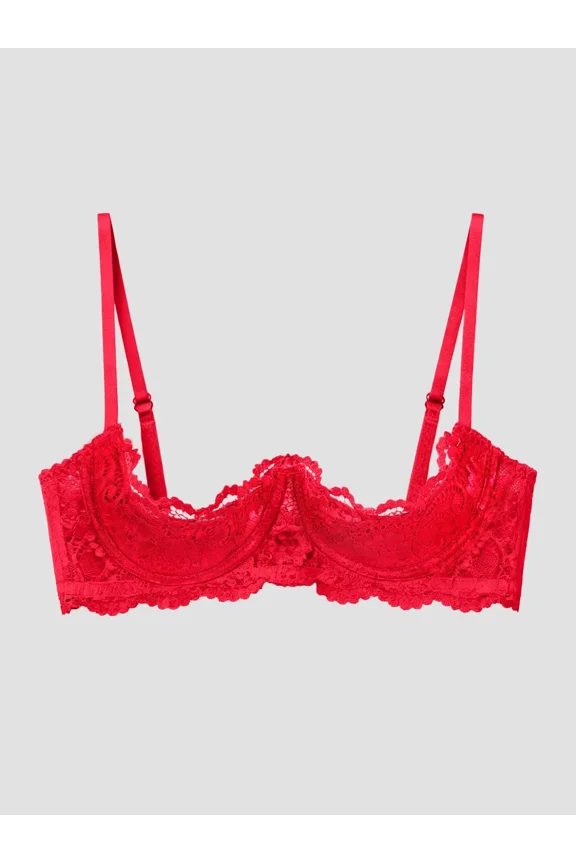 Women's 1/4 Cup Lace Bra Balconette See Through Mesh Underwired Demi Spaghetti Strap Supportive Lingerie Bra