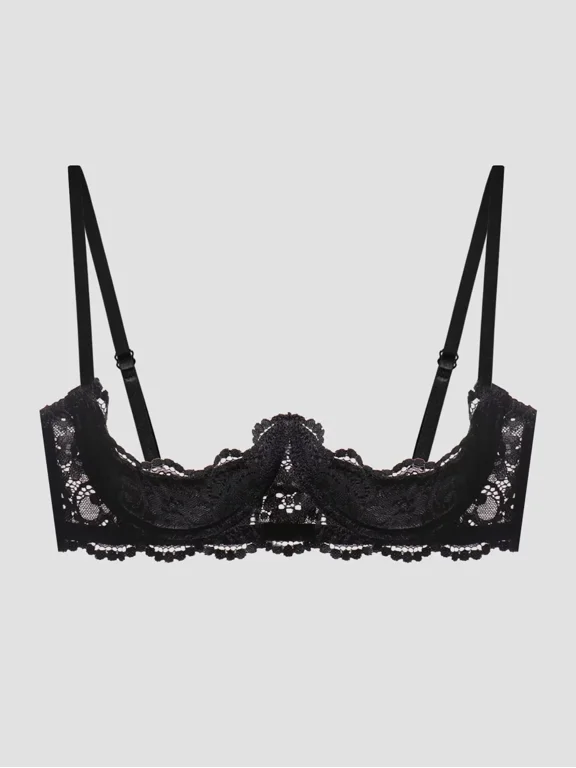 Women's 1/4 Cup Lace Bra Balconette See Through Mesh Underwired Demi Spaghetti Strap Supportive Lingerie Bra