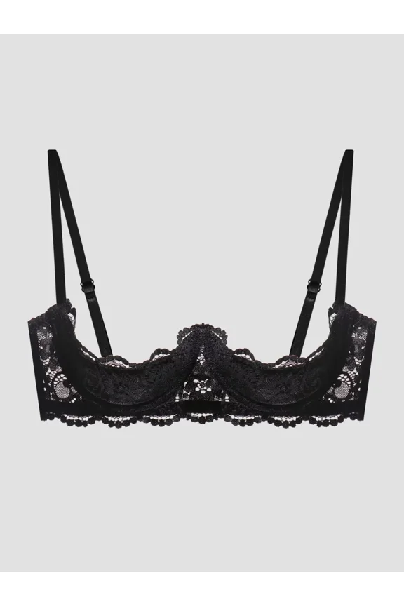 Women's 1/4 Cup Lace Bra Balconette See Through Mesh Underwired Demi Spaghetti Strap Supportive Lingerie Bra