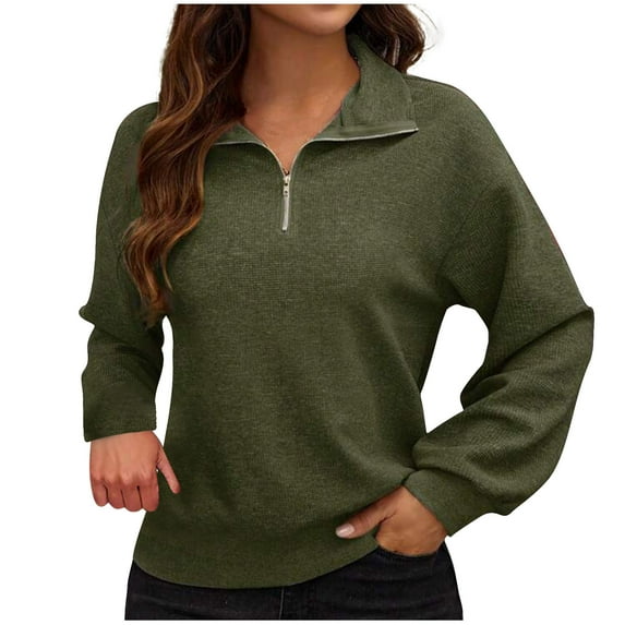 Women's 1/4 Zip Cotton Sweatshirts Knitted Casual Lounge Pullover Tops Solid Breathable Comfy Blouses for Daily