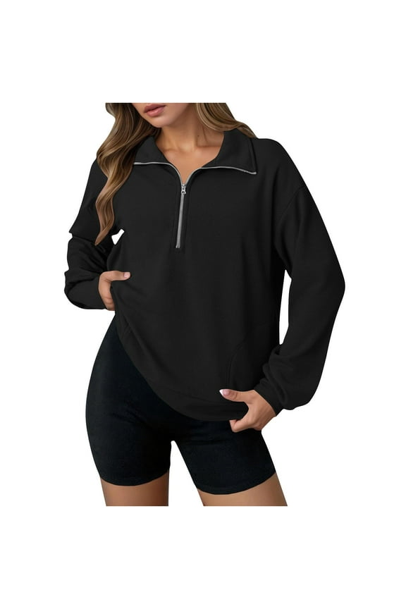 Women's 1/4 Zip Pullover Sweatshirt Pockets Lightweight Trendy Waffle Knit Tops for Fall Spring Winter Casual (M, Black)