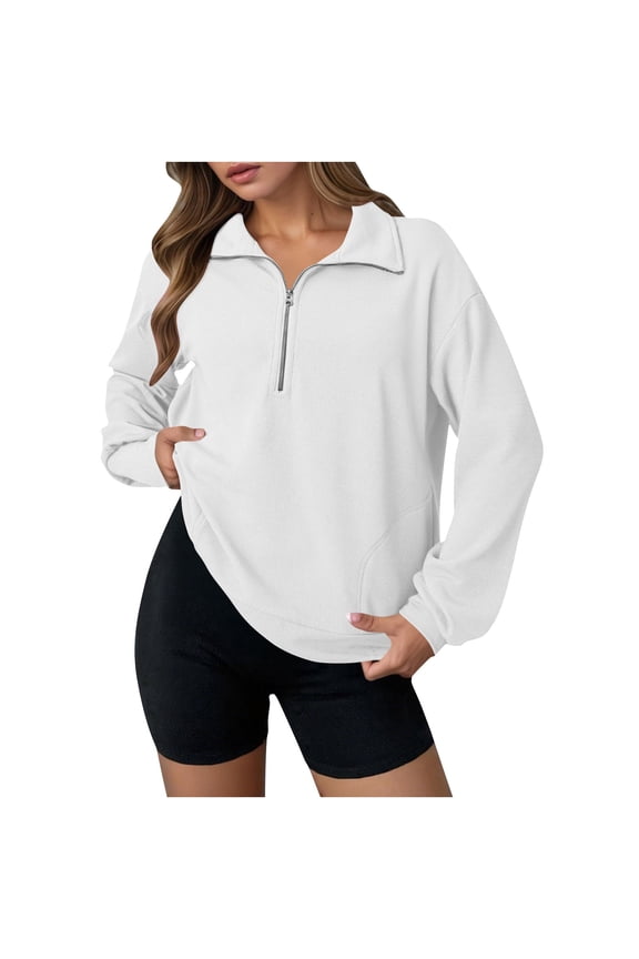 Women's 1/4 Zip Pullover Sweatshirt Pockets Lightweight Trendy Waffle Knit Tops for Fall Spring Winter Casual (M, White)