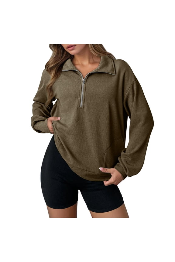 Women's 1/4 Zip Pullover Sweatshirt Pockets Lightweight Trendy Waffle Knit Tops for Fall Spring Winter Casual (S, Khaki A)
