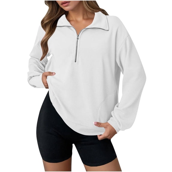 Women's 1/4 Zip Pullover Sweatshirt Pockets Lightweight Trendy Waffle Knit Tops for Fall Spring Winter Casual (S, White)