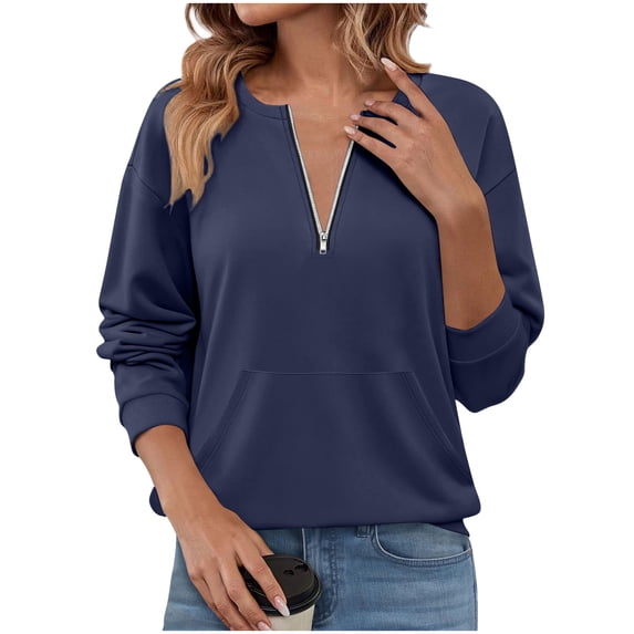 Women's 1/4 Zip Pullover Sweatshirt with Pocket Solid Color Loose Crewneck Quarter Zipper Fall Winter Tops (S, Navy)