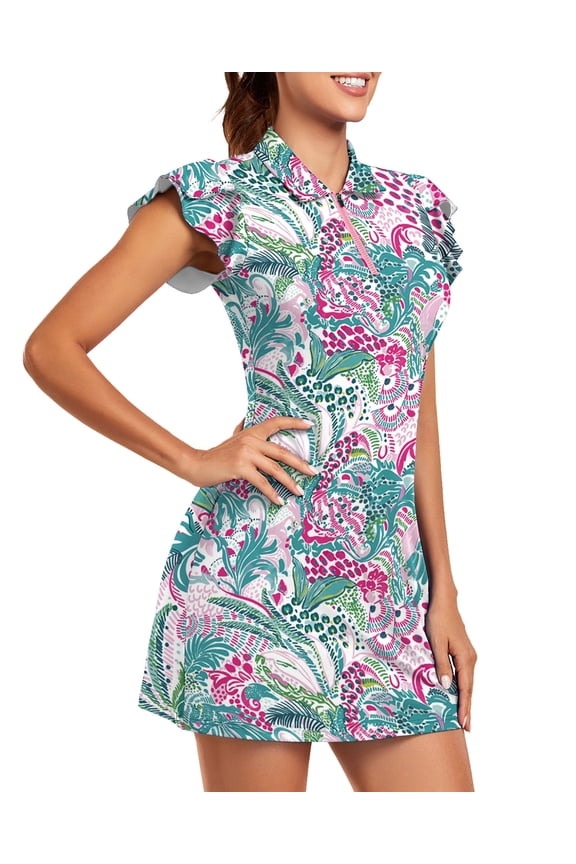 Women’s 1/4 Zip Tennis Dress Floral Ruffle Sleeve Golf Dress with Built-in Shorts and Pockets Athletic Outfit
