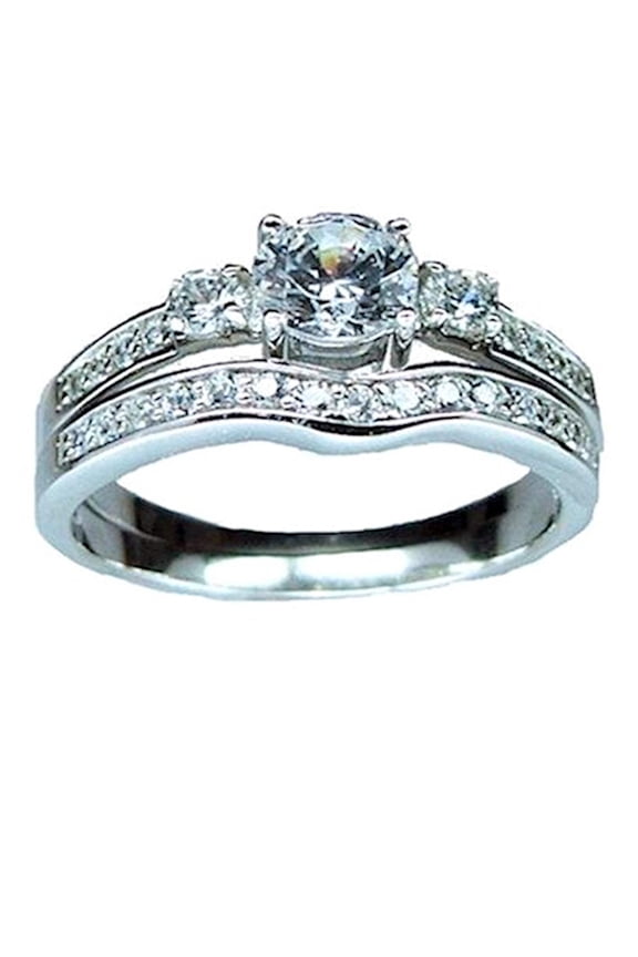 Women's 1.50 Ct Two Piece Three Stone Cz Wedding Ring Set Sterling Silver Rhodium Plated