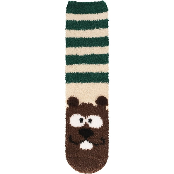 Women's 1 Pair Super Soft Cute Fuzzy Cozy Warm Animal Face Indoor Outdoor Cabin Crew Home Socks, Beaver