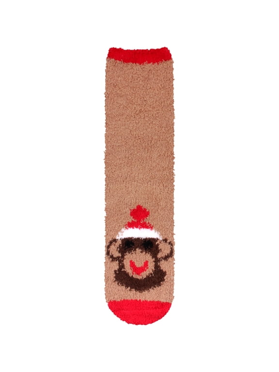 Women's 1 Pair Super Soft Cute Fuzzy Cozy Warm Animal Face Indoor Outdoor Cabin Crew Home Socks, Monkey