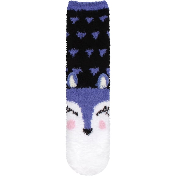 Women's 1 Pair Super Soft Cute Fuzzy Cozy Warm Animal Face Indoor Outdoor Cabin Crew Home Socks, Wolf