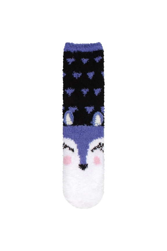 Women's 1 Pair Super Soft Cute Fuzzy Cozy Warm Animal Face Indoor Outdoor Cabin Crew Home Socks, Wolf