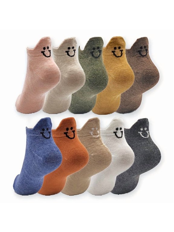 Women's 10Pair NoShow LowCut Ankle Socks,76% Cotton 24% Polyamide Blend,Smiley Face Heel Embroidery,Stretchy Snug Fit,Assorted Muted Colors,Machine Washable for Casual Everyday Wear