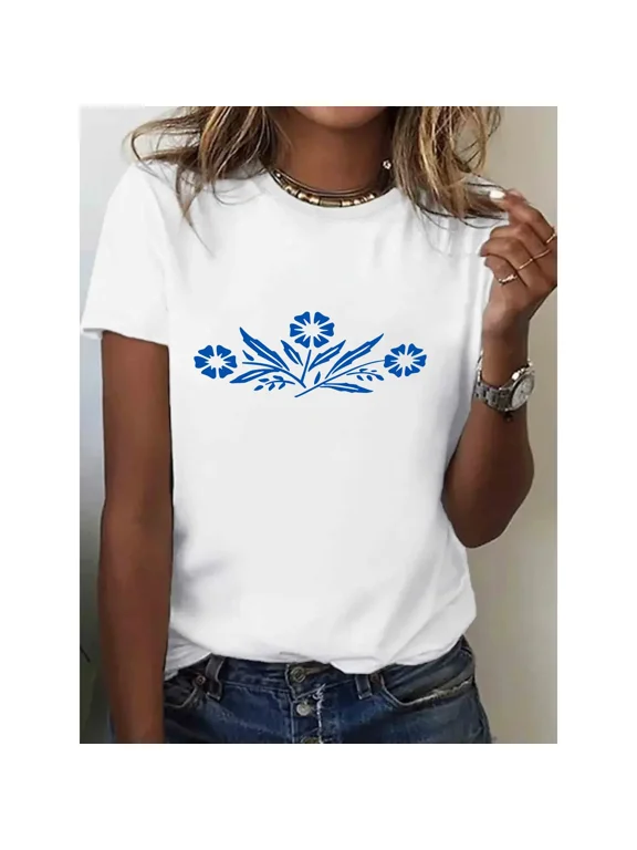 Women's 100% Cotton Floral Print T-Shirt - Breathable Round Neck Short Sleeve Casual Top, All-Season Comfort
