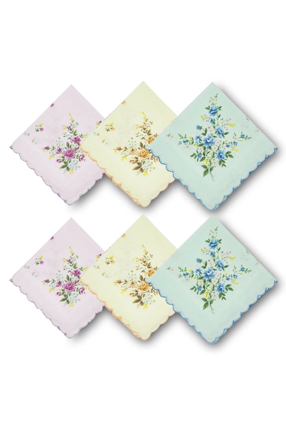 Women's 100% Cotton Handkerchiefs Assorted with Wavy Edge and Print Floral 6 Pieces ,Tiny Floral Print Women's Handkerchief with Crescent Edges