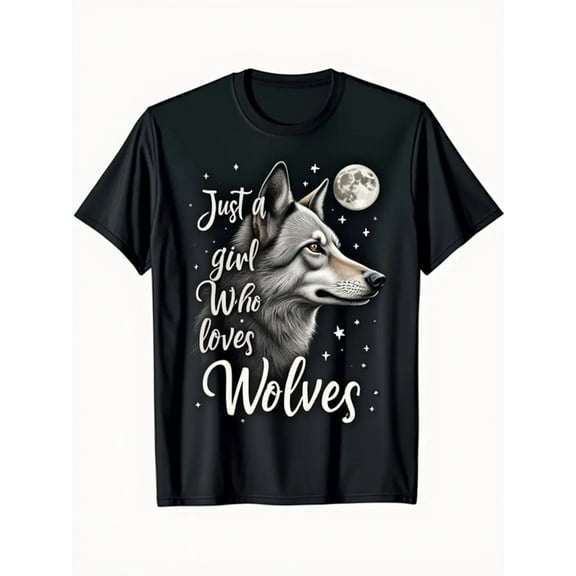 Women's 100% Cotton "Just A Girl Who Loves Wolves" Graphic T-Shirt - Black Casual Short Sleeve Tee with Wolf & Moon Design, Round Neck, Machine Washable, Sizes S-XXXL - Perfect