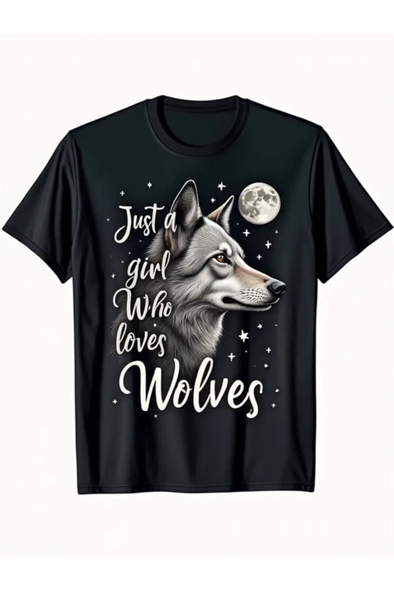 Women's 100% Cotton "Just A Girl Who Loves Wolves" Graphic T-Shirt - Black Casual Short Sleeve Tee with Wolf & Moon Design, Round Neck, Machine Washable, Sizes S-XXXL - Perfect