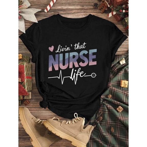 Women's 100% Cotton "Living a Nurse Life" Graphic T-Shirt - Soft Breathable Relaxed Fit Short Sleeve Tee with Heart & Stethoscope Design, All-Season Casual Top for Nursing Professionals, Holiday Gift
