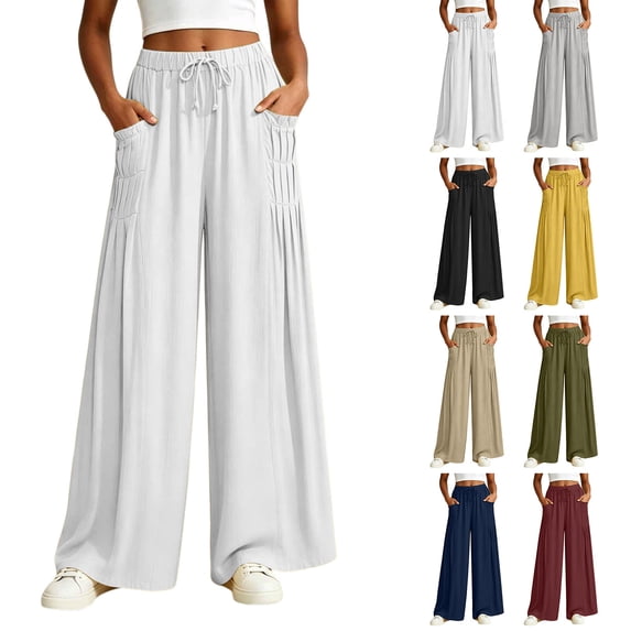 Women's 100% Cotton Loose Fit Pants with Elastic Waist, Drawstring Closure & Pockets, Summer Beach Casual Lounge Pants, Womens | VerBelle,Army Green L