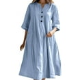 thumbnail image 1 of Women's 100% Cotton Midi Dress with V-Neck & Pockets - Loose Fit Summer Half Sleeve Casual Dress for Beach Outings, 1 of 6