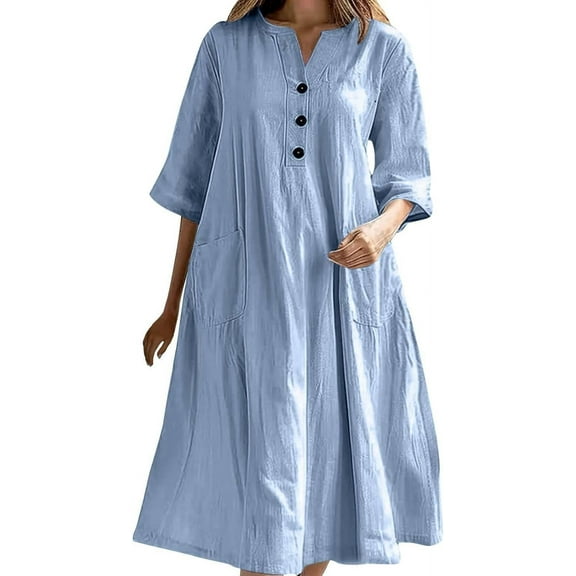 Women's 100% Cotton Midi Dress with V-Neck & Pockets - Loose Fit Summer Half Sleeve Casual Dress for Beach Outings