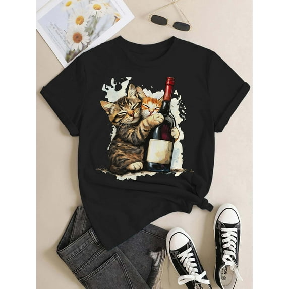 Women's 100% Cotton Oversized Cat Print Short Sleeve T-shirt - Summer Graphic Casual Tee, Cute Kitty Loungewear & Playful Streetwear for Cat Lovers (Breathable & Soft)