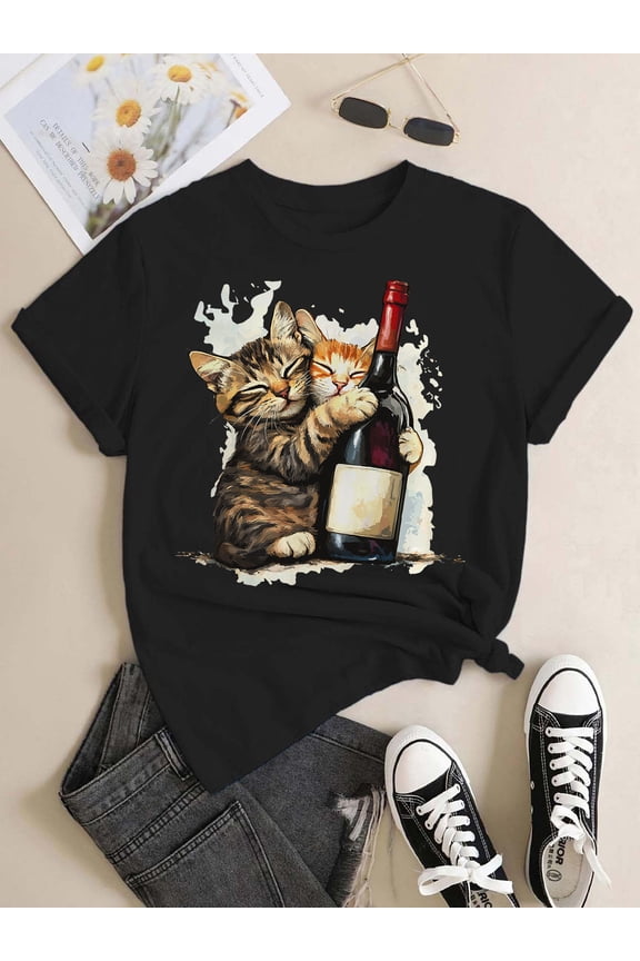Women's 100% Cotton Oversized Cat Print Short Sleeve T-shirt - Summer Graphic Casual Tee, Cute Kitty Loungewear & Playful Streetwear for Cat Lovers (Breathable & Soft)