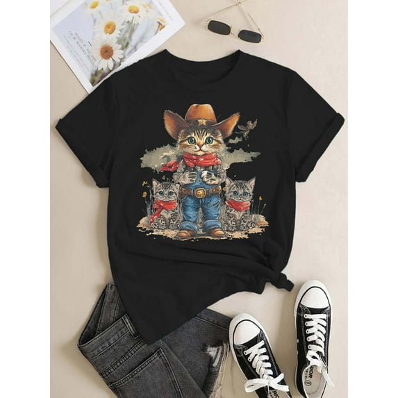 Women's 100% Cotton Oversized Cat Print Short Sleeve T-shirt - Summer Graphic Casual Tee, Cute Kitty Loungewear & Playful Streetwear for Cat Lovers (Breathable & Soft)