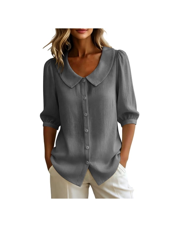Women's 100% Cotton Peter Pan Collar Puff Sleeve Blouse, Casual Button Down Half Sleeve Shirt, Summer Breathable Office Work Daily Tunic Top for Women S-2XL