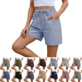 thumbnail image 1 of Women's 100% Cotton Shorts Stripes Summer Wide Leg Baggy Comfortable Elastic Waist Drawstring Gym Beach Basketball Shorts Blue S-2XL, 1 of 8