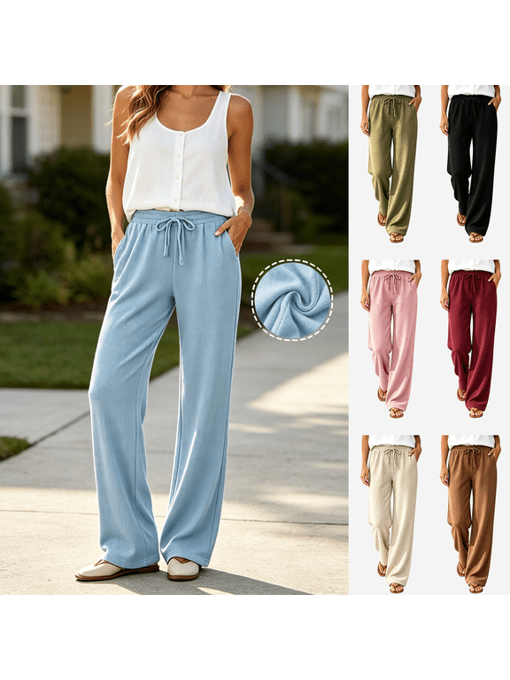 Women's 100% Cotton Solid Loose Fit Drawstring Pants with Pockets, Mid Waisted Elastic Casual Trousers, Lounge Summer Work | VerBelle,Light Blue L