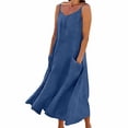 thumbnail image 1 of Women's 100% Cotton Spaghetti Strap Midi Dress, Backless V Neck Casual Summer Beach Dress with Pockets, Loose Fit Vacation Sundress for Women S-3XL, 1 of 6