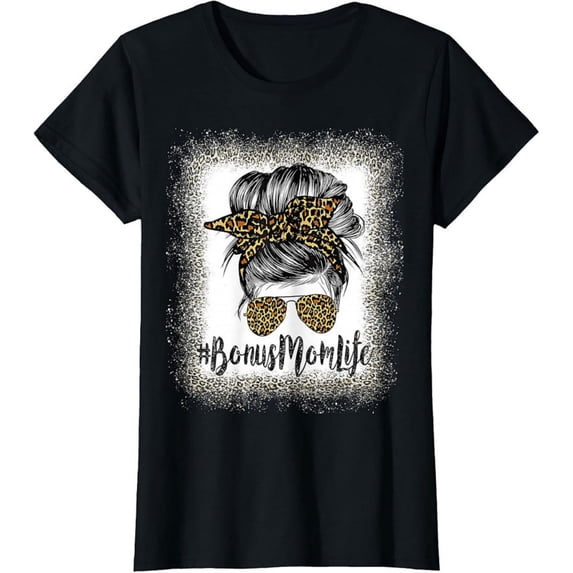 Women's 100% Cotton T-Shirt 180gsm - Bonus Mom T-shirt Leopard Print Messy Bun Stepmom Tee, Black Comfortable Breathable Soft Tee